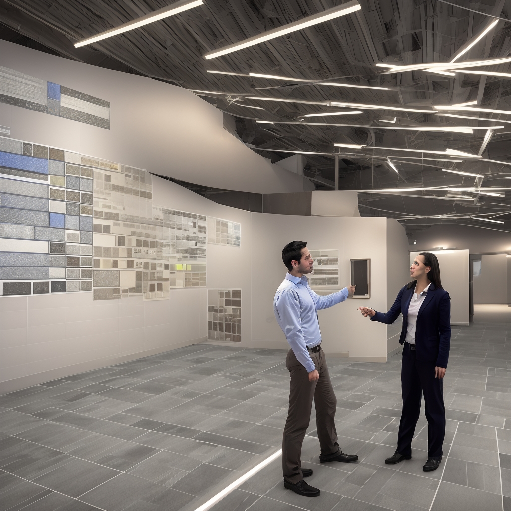 Professional flooring expert explaining ESD tile options to a facilities manager in a high-tech showroom