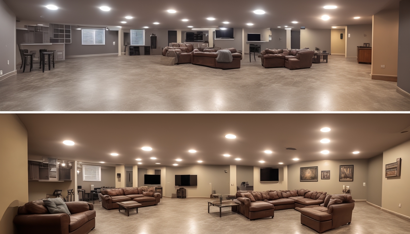 Finished basement with beautiful interlocking tile flooring creating warm recreational space