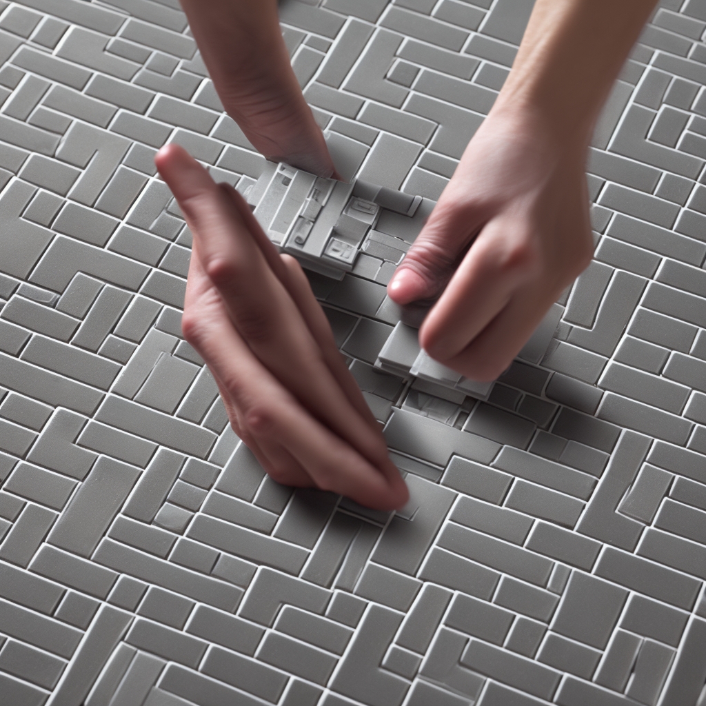 Close-up of premium interlocking tile flooring being installed, showing snap-lock mechanism detail