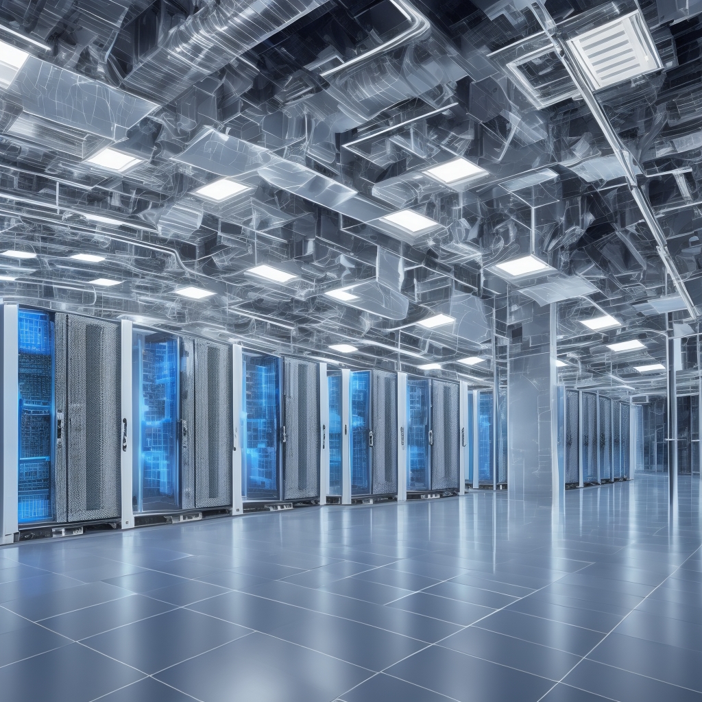 ESD electrostatic discharge flooring in a modern data center with server racks, specialized antistatic technical flooring